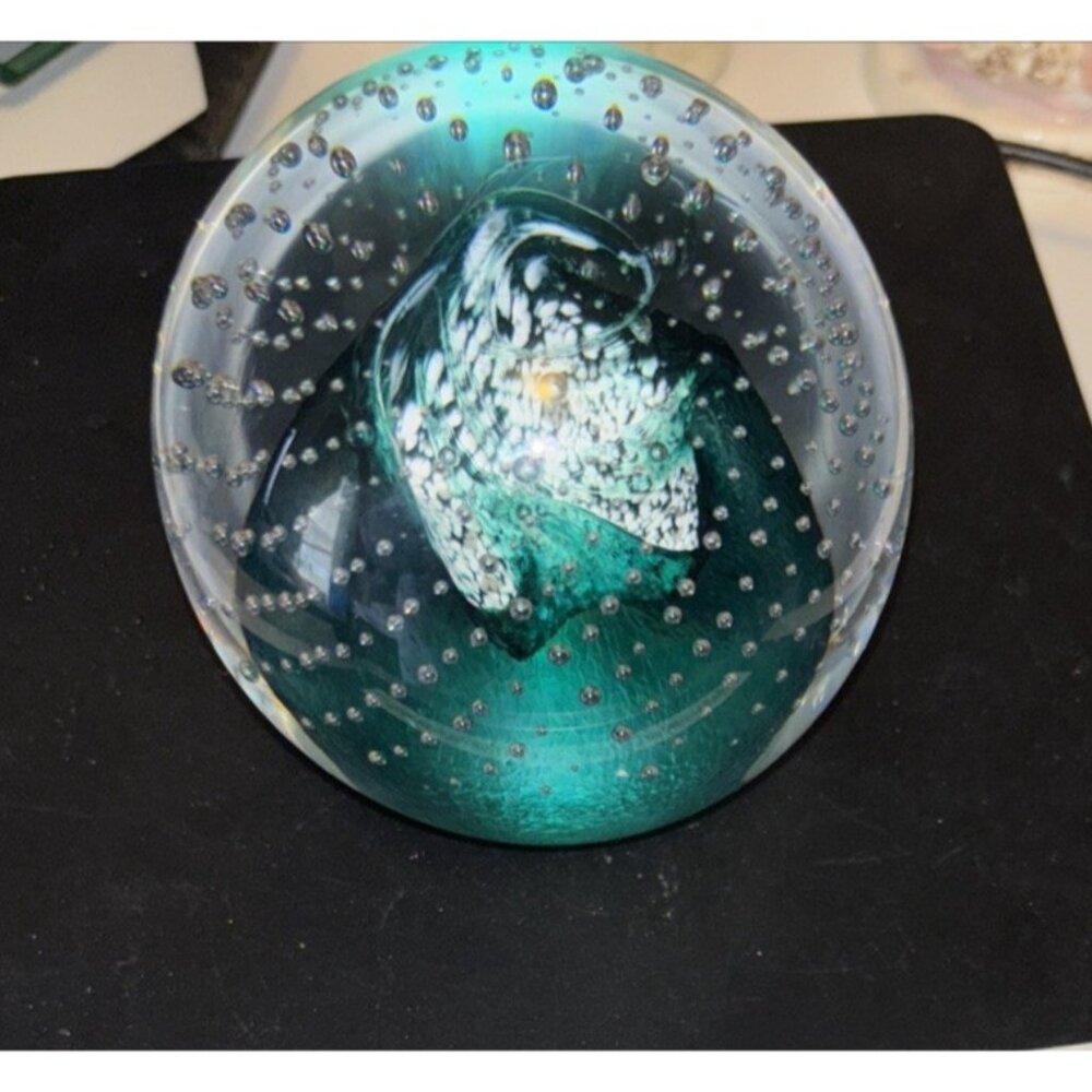 RARE VTG Caithness Cauldron signed Paperweight Green & White Swirl Num- W 8681